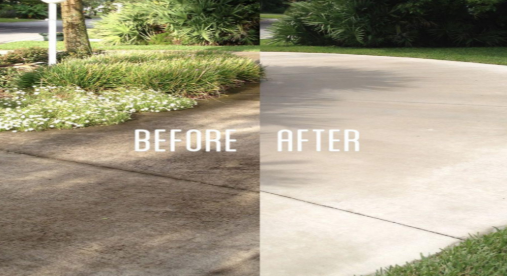 a dirty drive way on the left and a pressure washed drive way on the right before and after.